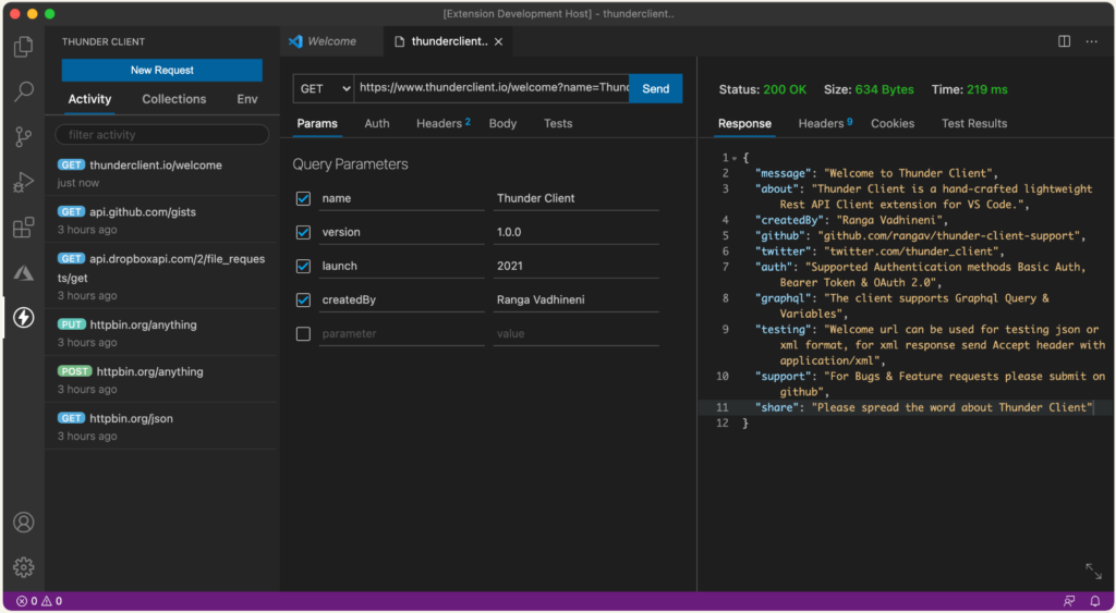 무료 REST API 테스트 프로그램 Thunder client