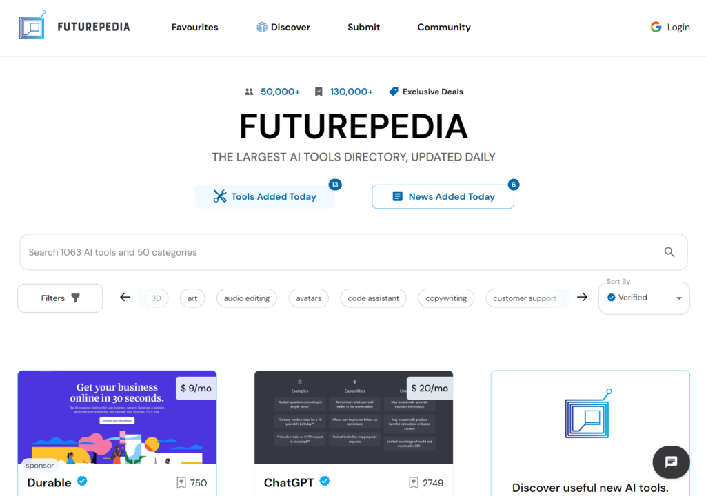 AI 도구 모음 디렉토리 사이트 Futurepedia