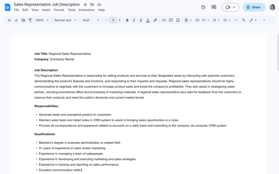 Google 문서에서 AI 프롬프트 활용 작업 예, 출처: Google

