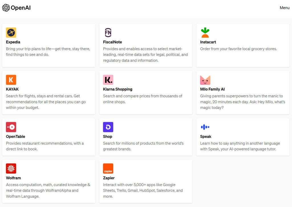 오픈AI ChatGPT Plugin 종류, 출처: OpenAI