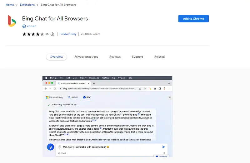 "모든 브라우저용 Bing Chat" 선택>Chrome에 추가
