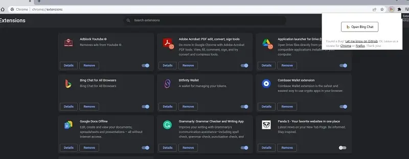 오른쪽 상단의 확장 탭에서 아이콘으로 "Bing for All Browsers"에 액세스