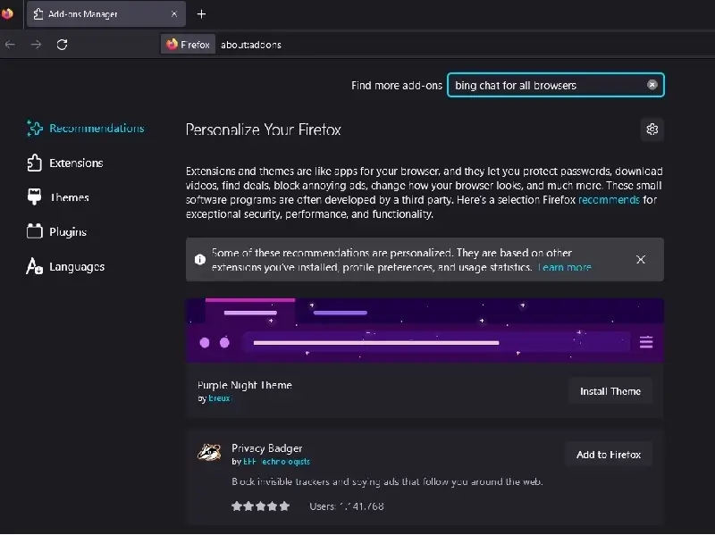 "확장 프로그램" 클릭 > "모든 브라우저용 Bing Chat" 검색