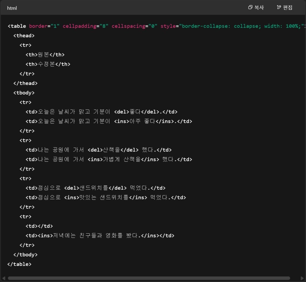챗GPT 활용 꿀팁 26가지｜5. 표 형식으로 정리-깔끔한 html 형식