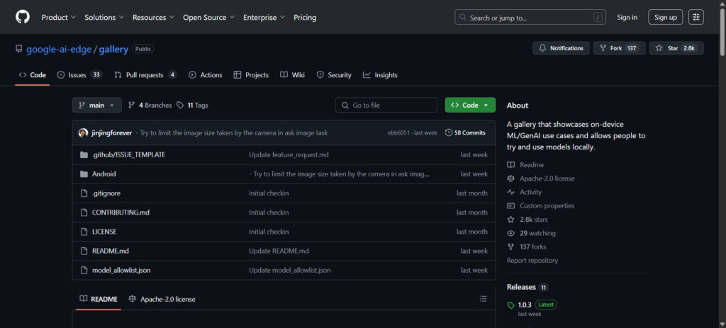 AI Edge Gallery의 공식 GitHub 저장소 접속